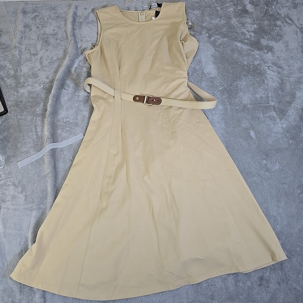 New Lauren Ralph Lauren Dress Womens 16 Beige Fit & Flare Belted Preppy Classic